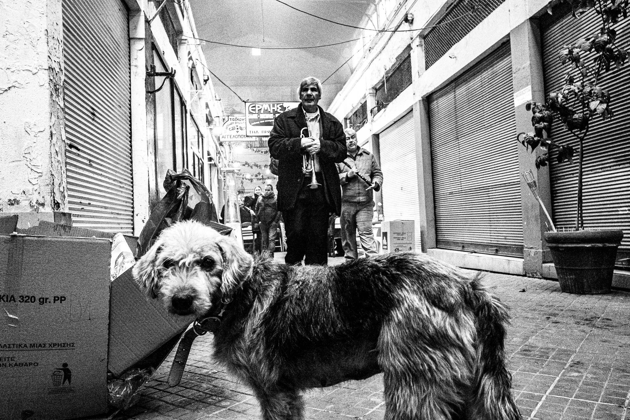Musicians round Kapani market, Pagan Christmas customs of Northern Greece, by photographer George Tatakis