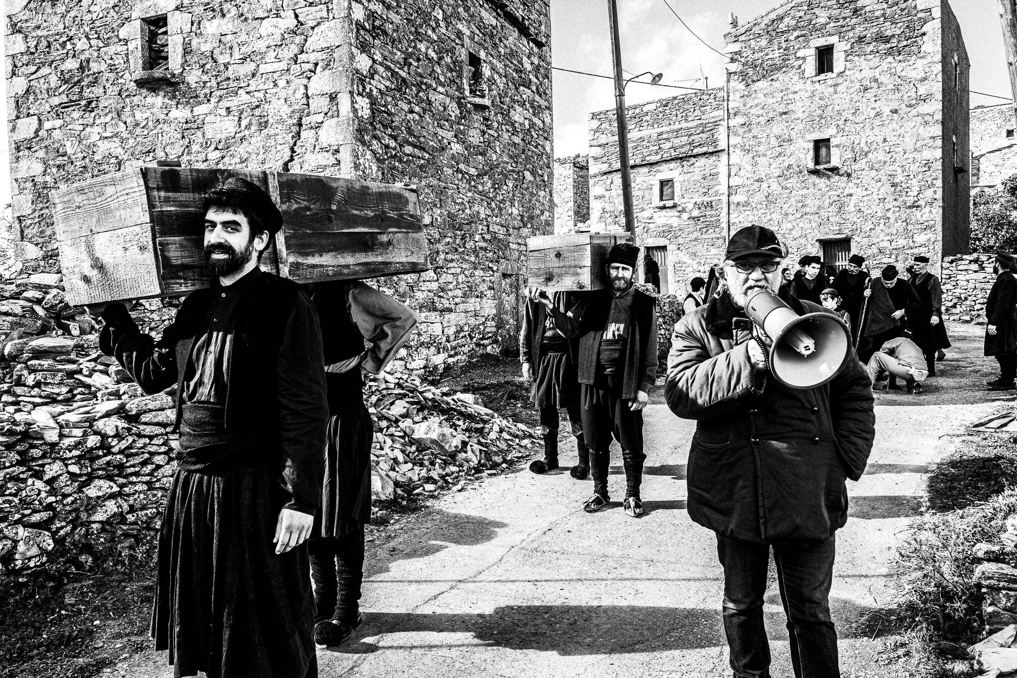 Crowd control for the extras. Last scene of Fonissa. Black and white photography by George Tatakis during the filming of 'Φόνισσα'(Fonissa).