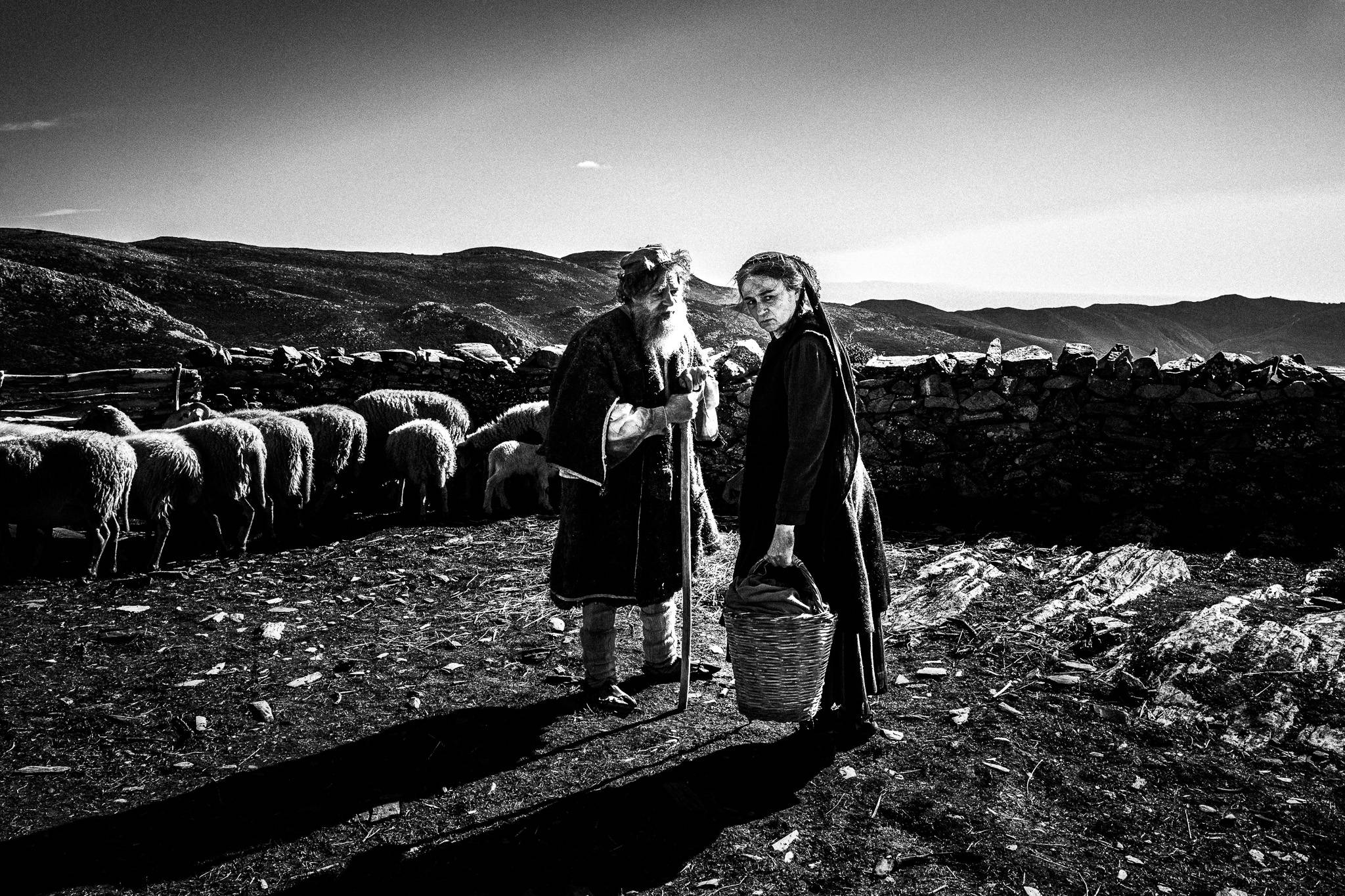 Filming of the 'Fonissa' meeting a local Shepherd. Black and white photography by George Tatakis during the filming of 'Φόνισσα'(Fonissa).