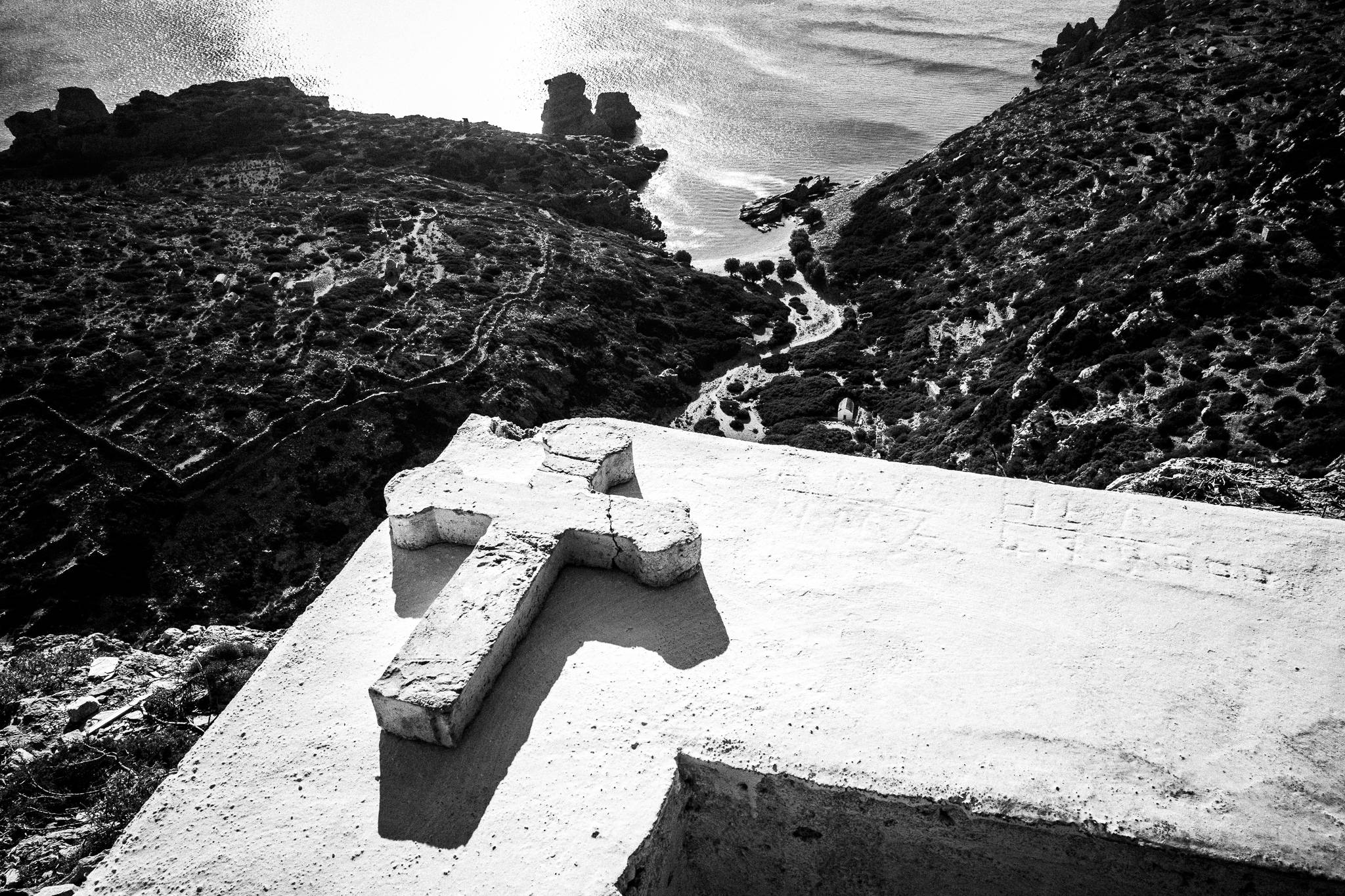 The view from St. Zacharias on the island of Saria, Olympos, Karpathos, Greece. Black and white photography by George Tatakis
