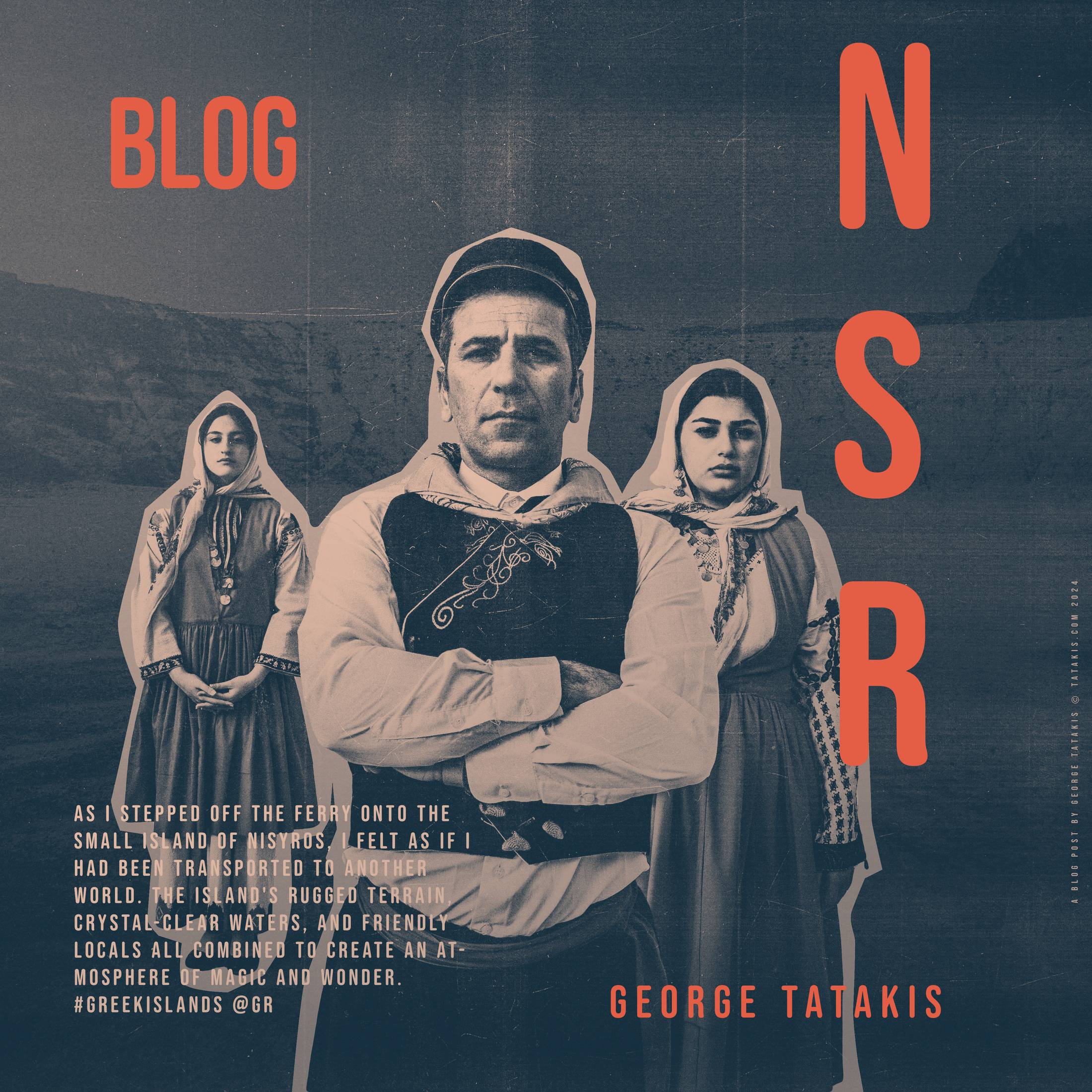 Traditional costumes, overlooking the volcanic vista, at Nisyros, Dodecanese, by photographer George Tatakis