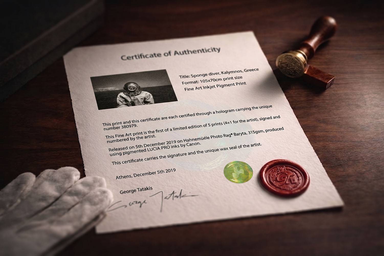 Certificate of authenticity for a limited-edition fine-art photograph, shown with archival presentation details, signature, seal and collector documentation.