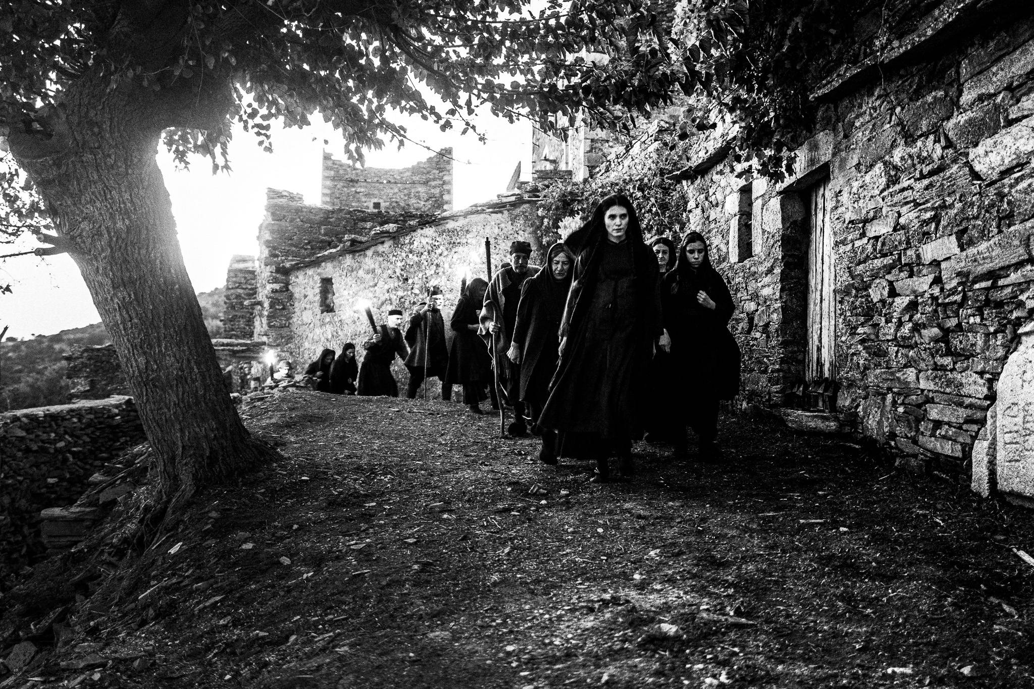The rage of the villagers against Fonissa manifesting. Black and white photography by George Tatakis during the filming of 'Φόνισσα'(Fonissa).
