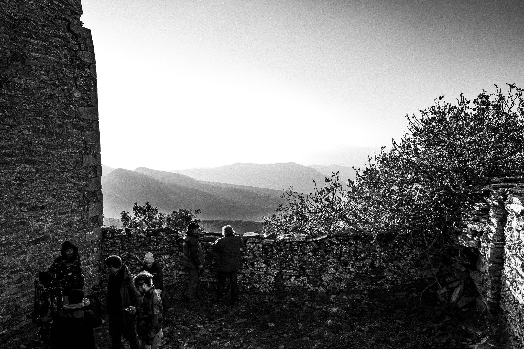 The crew on set of Fonissa. Last scene of Fonissa. Black and white photography by George Tatakis during the filming of 'Φόνισσα'(Fonissa).