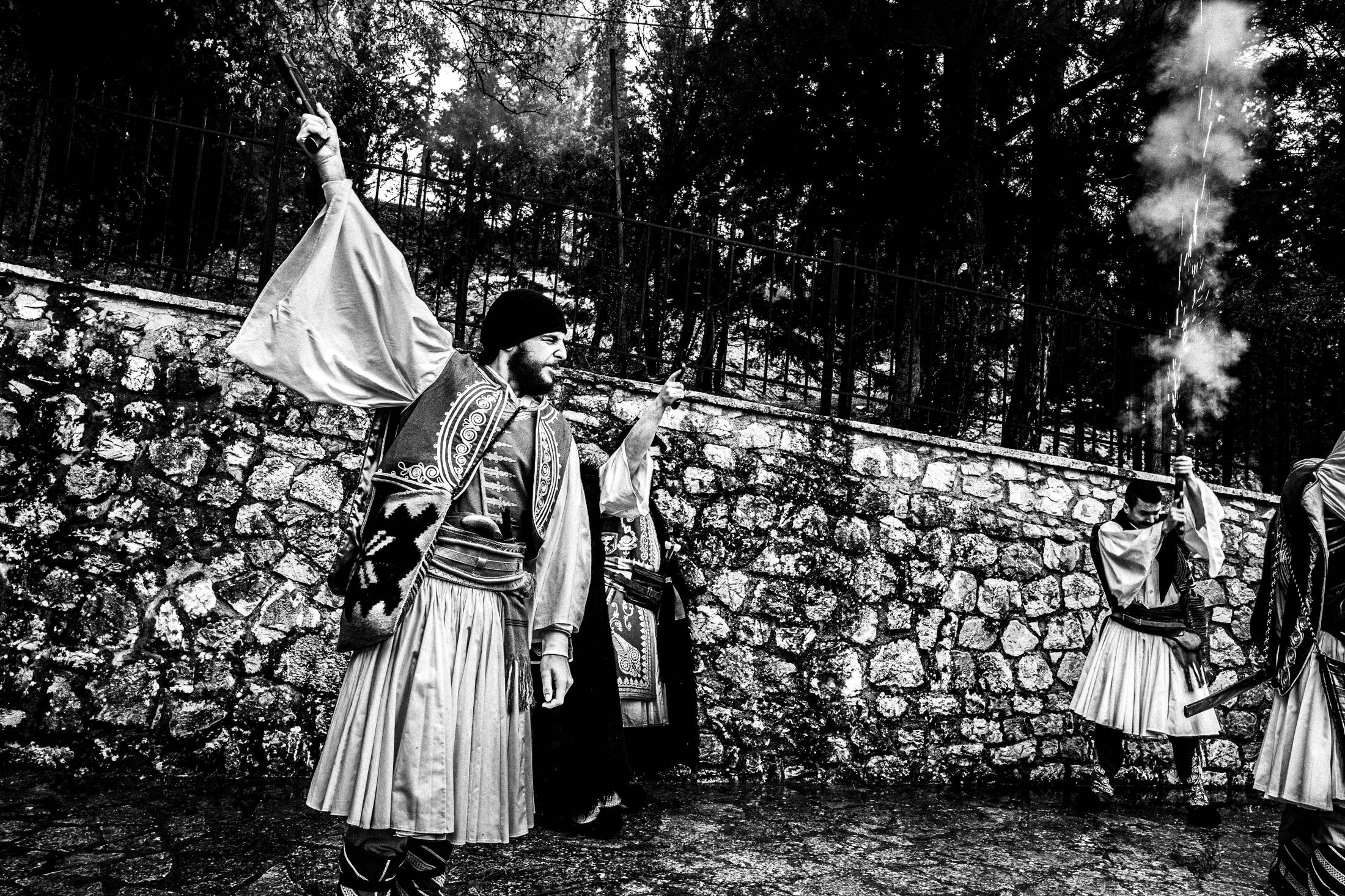 1821 Greek Revolution Creed Reenactment at Agia Lavra, in Kalavryta, Peloponnese, black and white photography from Greece by George Tatakis