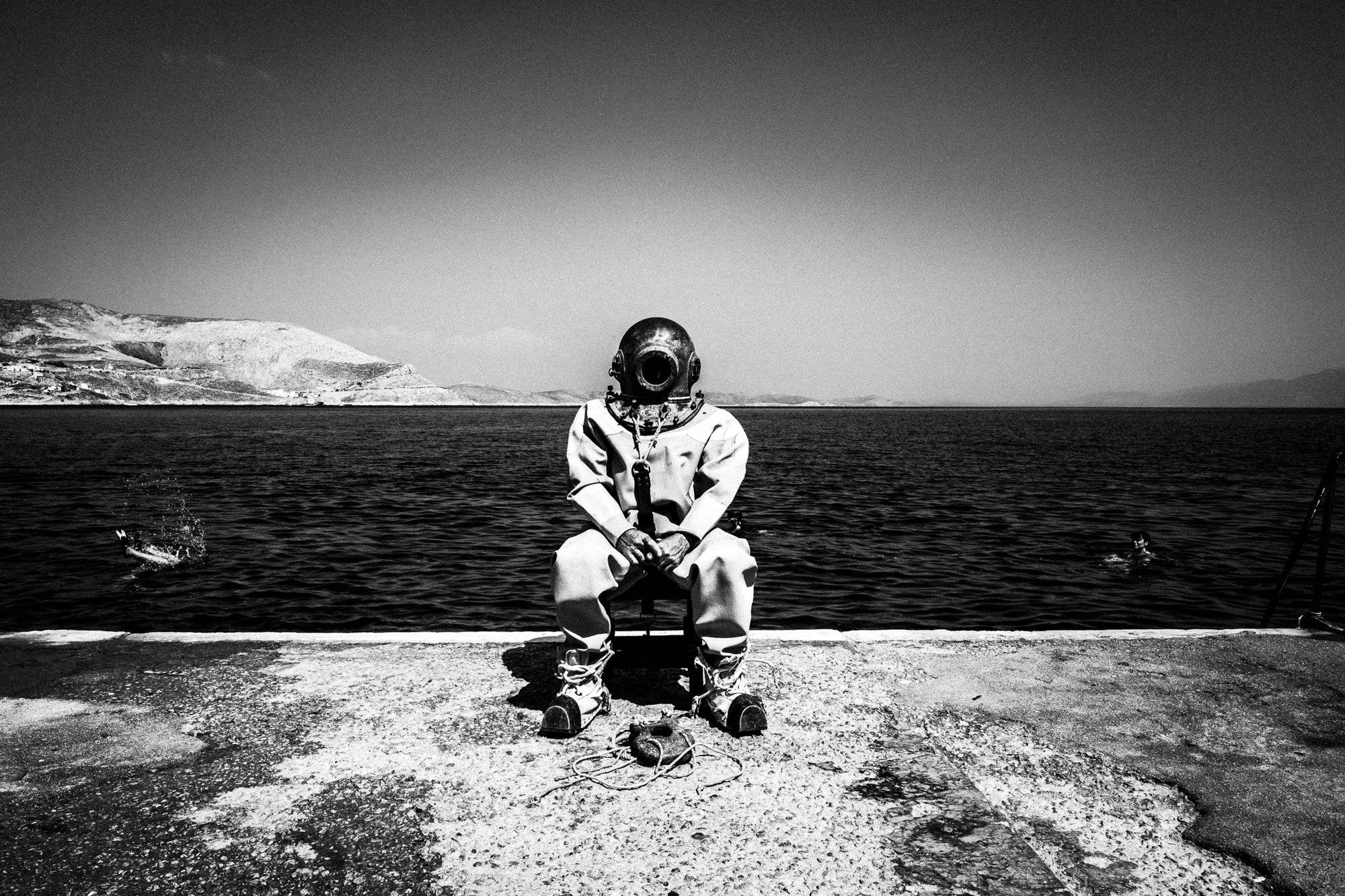 Dimitris in his diving suit Greece. South Aegean. Kalymnos. © George Tatakis