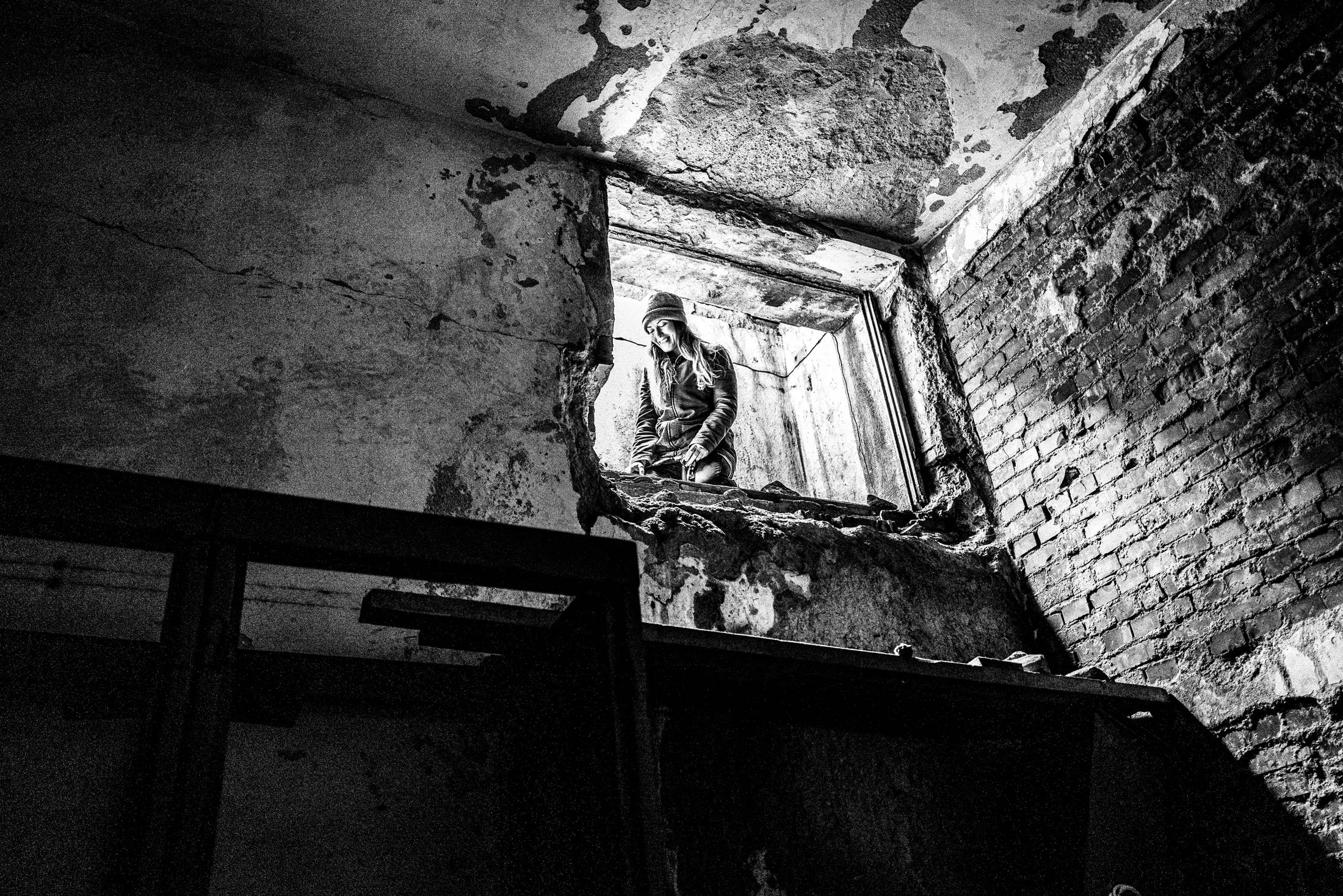 Eva joining me inside. Buzludzha, Bulgaria, by photographer George Tatakis