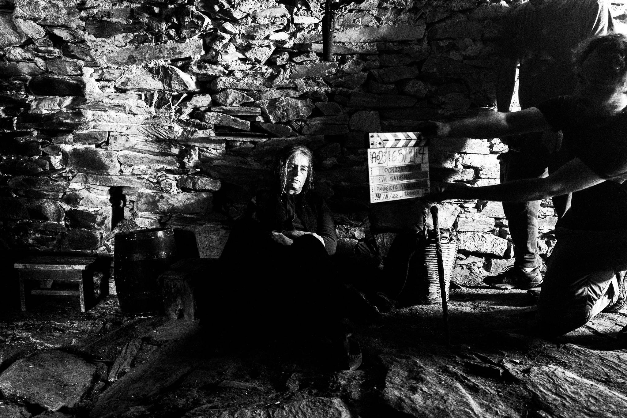 Actress Karyofillia Karabetis, during the filming of 'Fonissa'. Black and white photography by George Tatakis during the filming of 'Φόνισσα'(Fonissa).