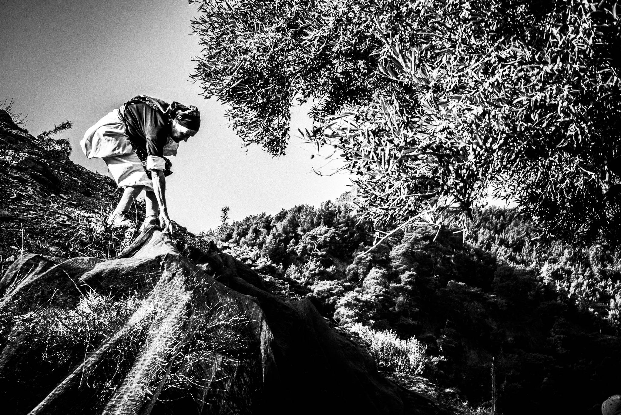 The olive cloth at Olympos, Karpathos, Greece. Black and white photography by George Tatakis
