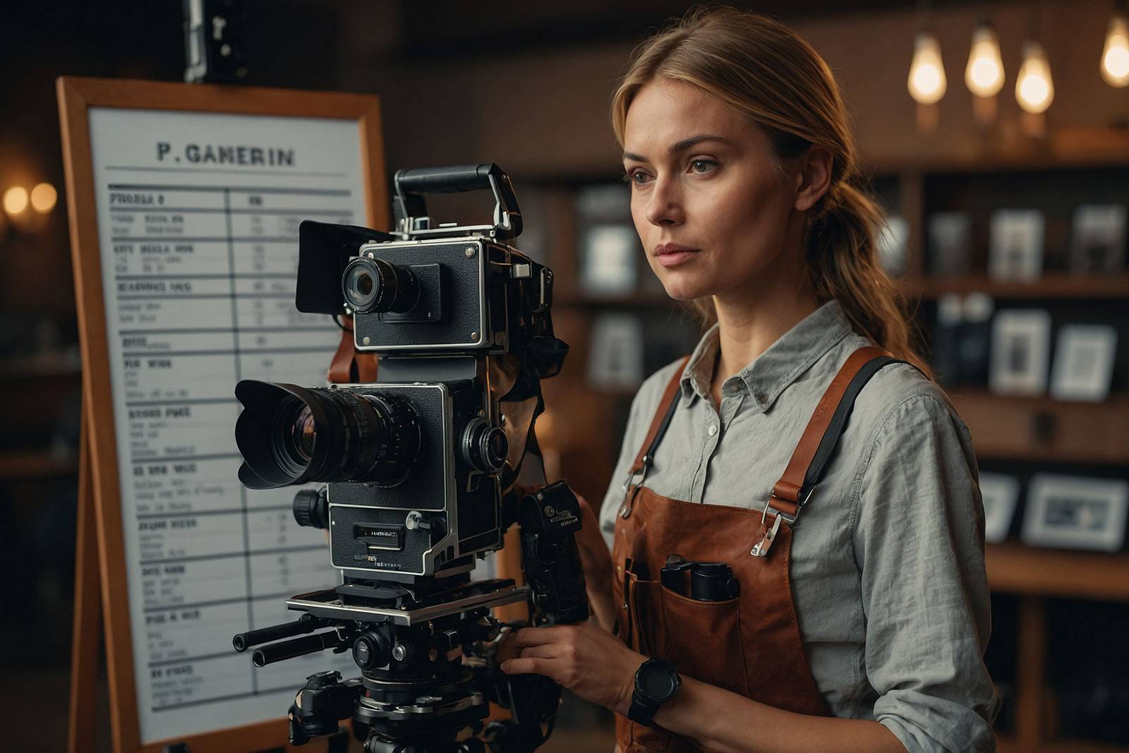 Photographer standing confidently with camera and price list