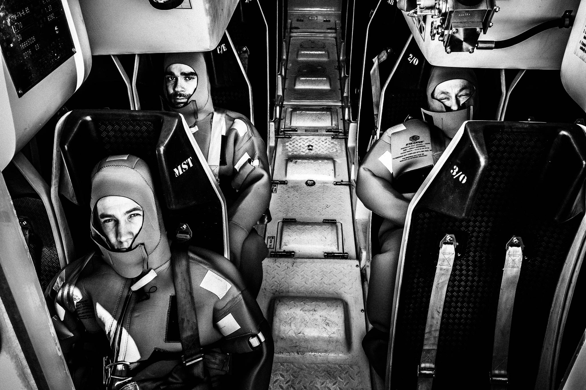 With the immersion suit inside the free-fall rescue boat by photographer George Tatakis
