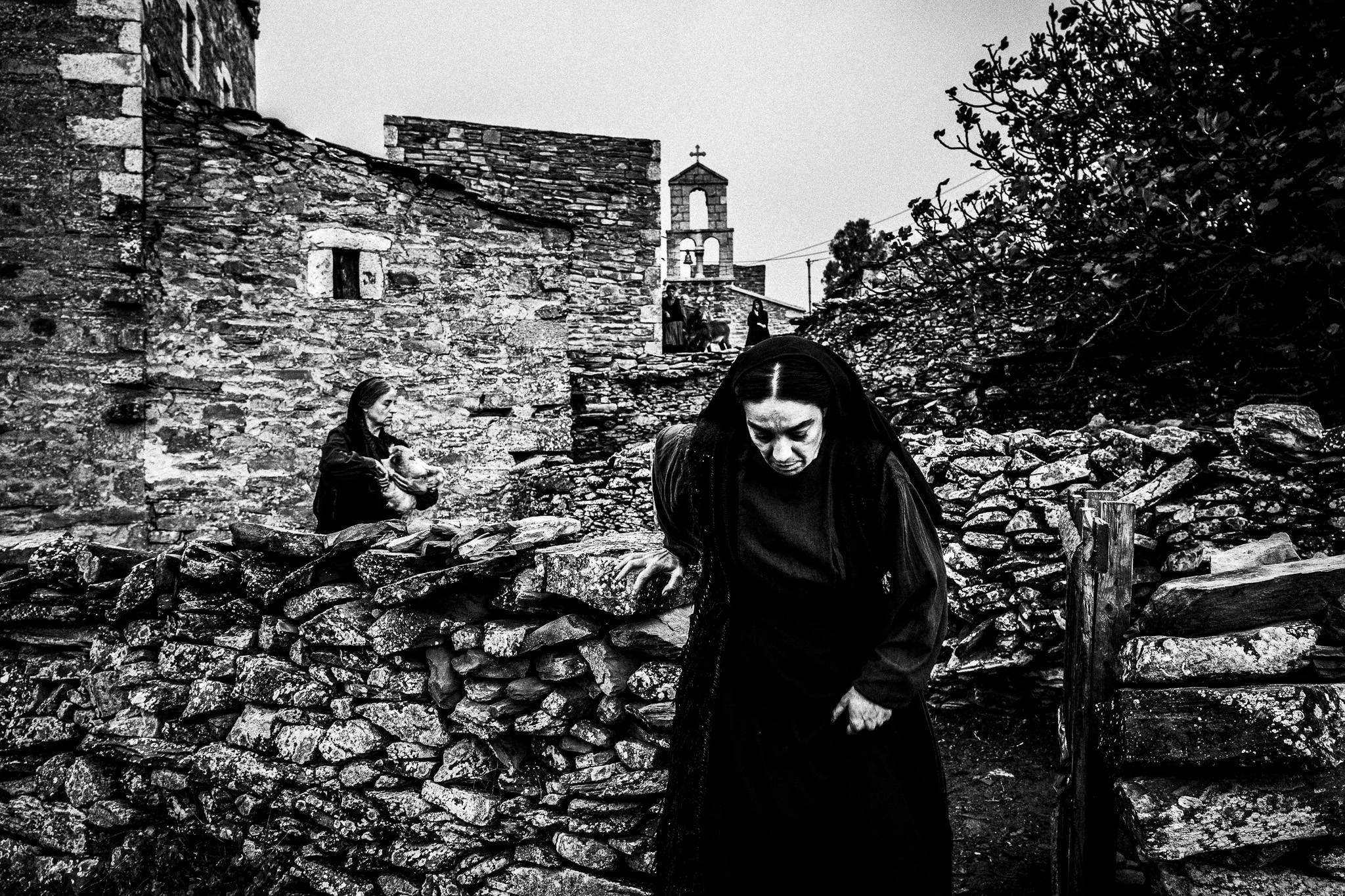 Scene from the film 'Fonissa'. Black and white photograph by George Tatakis during filming of the 'Fonissa'.